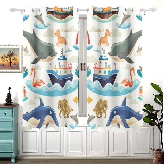 Dolphins Ship Fish Waves Curtains Black Out Curtains for Sliding Glass Doors Bedroom Living Room Bathroom 2 Panels Set