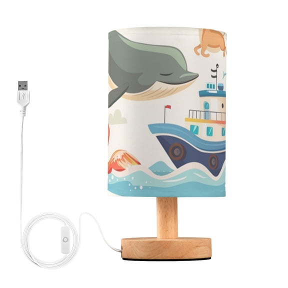 Dolphins Ship Fish Waves Table Lamp USB Bedside Desk Nightstand Lamp Printed Gifts Small Lamp Wood Base for Bedroom Living Room Kids Room College Dorm