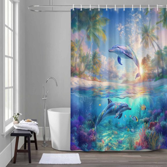 Dolphins Shower Curtain for Bathroom Decor, Ocean World Summer Waterproof Fabric Shower Curtain, 72"x78" Set with 12 Hooks