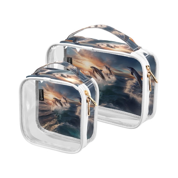 Dolphins Sky Waves Clear Cosmetic Bags with Handles PVC Toiletry Bags Zipper Waterproof Portable for Traveling 2 Pcs
