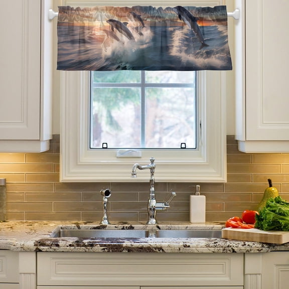 Dolphins Sky Waves Curtain Valances Farmhouse Design Window Treatment Decor Blackout Rod Pocket for Windows Living Room Kitchen 54" x 18"