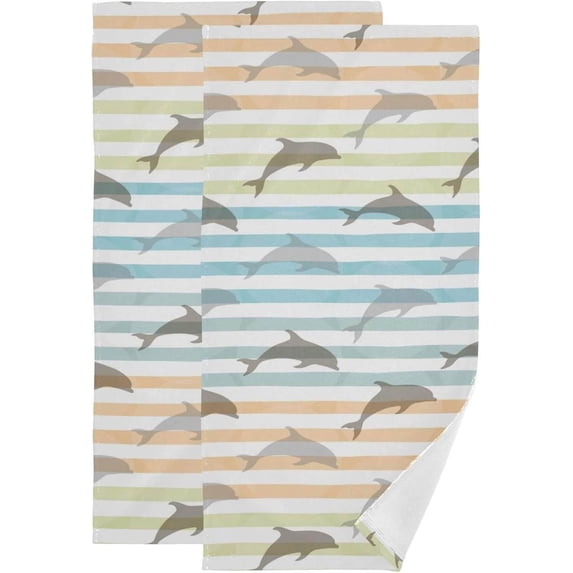 Dolphins Stripe Hand Towels, Kitchen Towel Ultra Soft and Absorbent,Decorative Fingertip Face Towel for Bathroom Hotel, 2 PCS, 28.3"x 14.4"