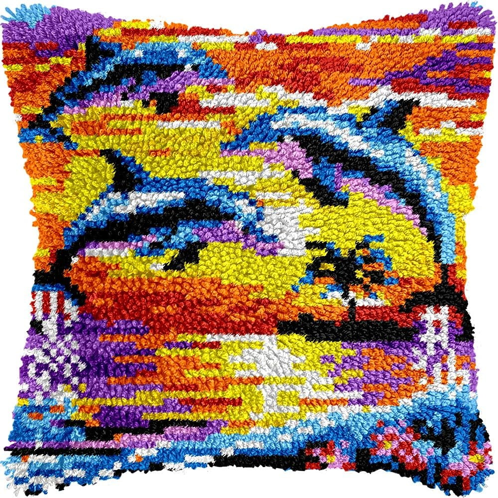 Dolphins & Sunset Latch Hook Pillow Kits for DIY Handmade Throw Pillow Cushion Embroidery Latch Hooking Pillowcase Kits with Preprinted Canvas Crochet Yarn Kits 17''X 17''(g66)