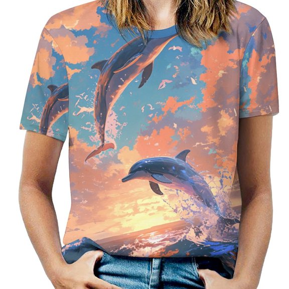 Dolphins Sunset Ocean Art Women's Short Sleeve Tops Casual Blouses T Shirt