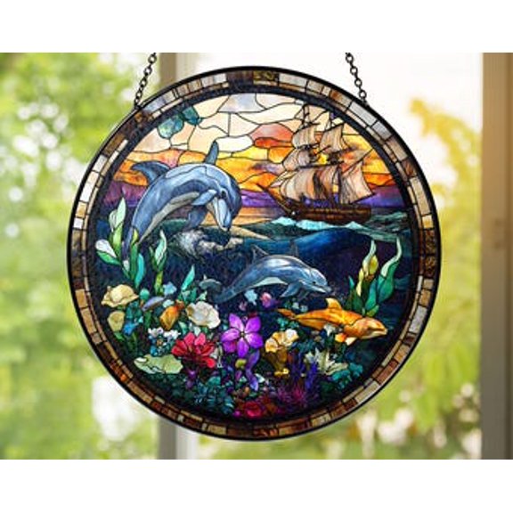 Dolphins & Sunset Ship Glass Suncatcher – Ocean Window Hanging, Nautical Beach House Glass Panel, Marine Life Coastal Home Décor, 7.9 in