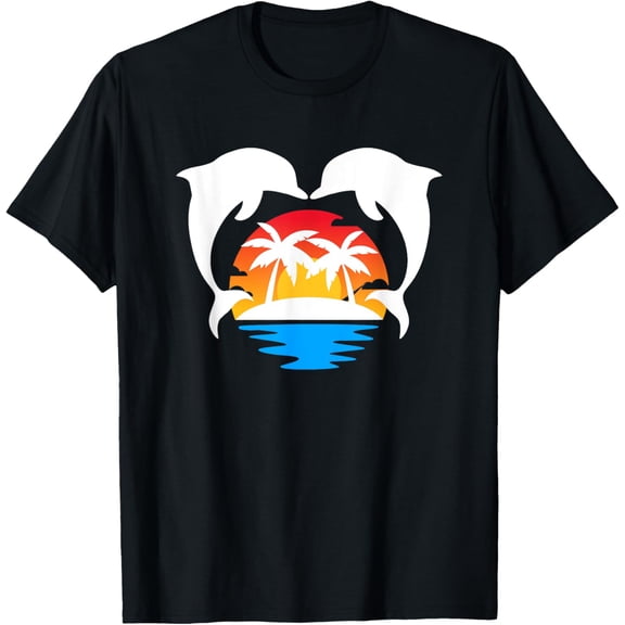 Dolphins Sunset Tropical Island Beach Palms Ocean Waves T-Shirt