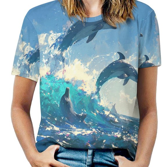 Dolphins Surfing Ocean Waves Womens Tops Women's Fashion Casual Short Sleeve Flower Print Round Neck Pullover Top Blouse