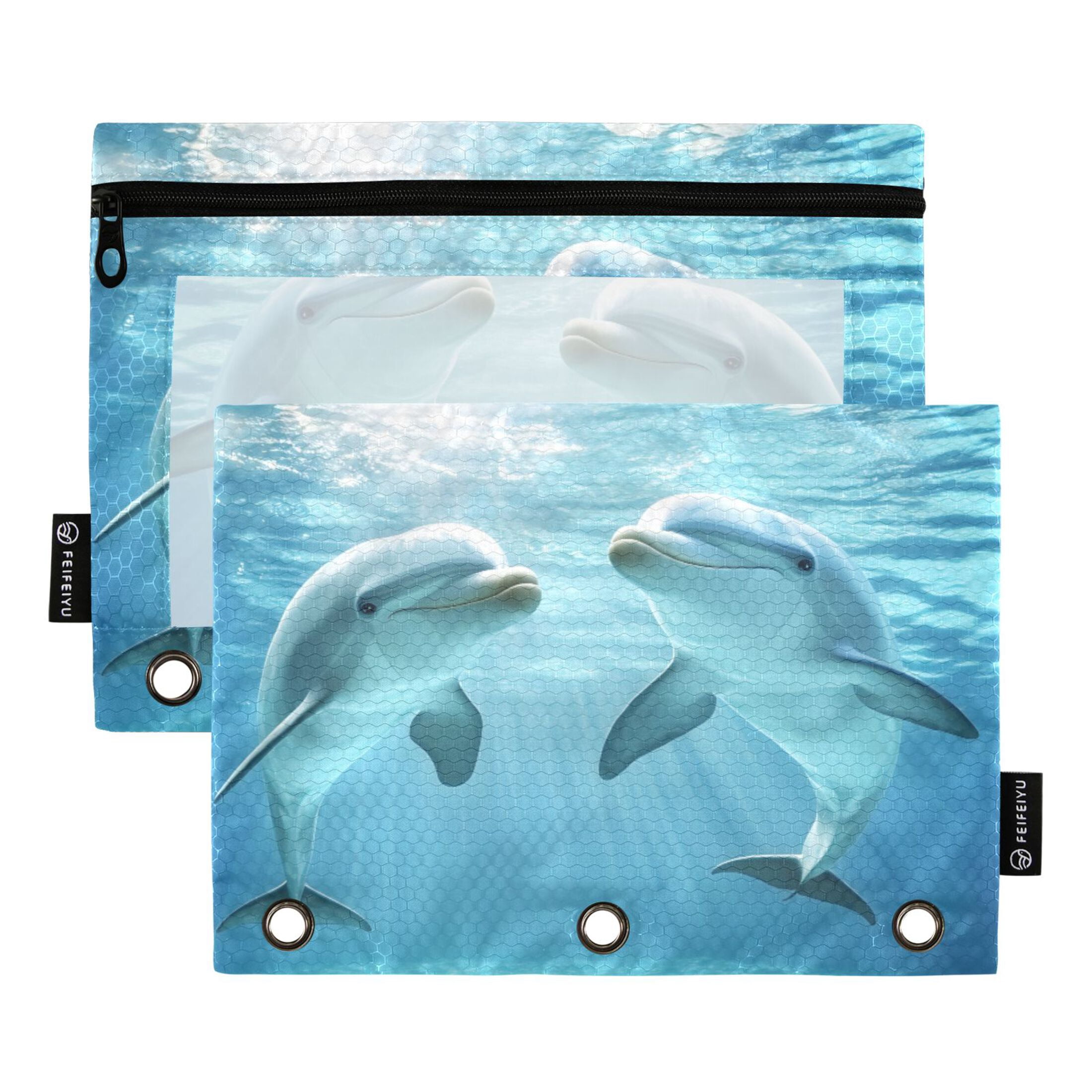Dolphins Swimming 3 Ring Binder Pencil Pouch 2 Pack Clear Window Zipper ...