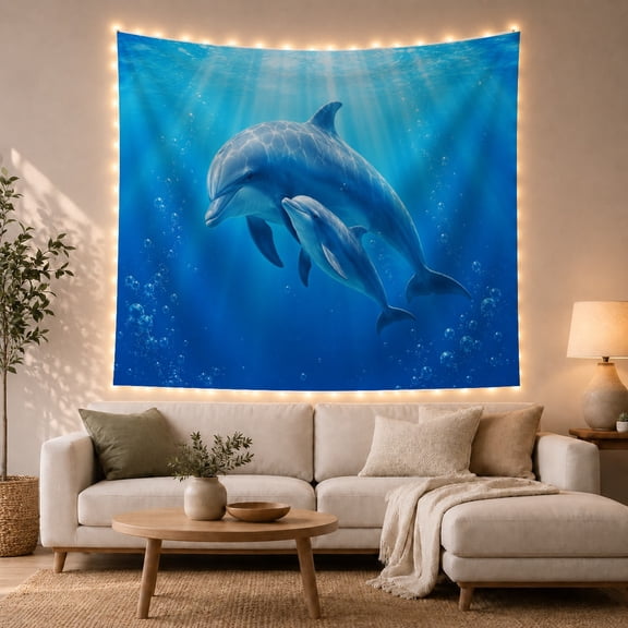 Dolphins Swimming Through Blue Ocean Water, Calming Coastal Style for Ocean Lovers, Marine Wall Art, Housewarming Gift, Tapestry Wall Hanging for Bedroom and Living Room