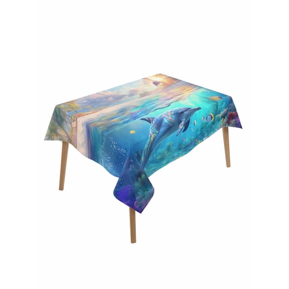 Dolphins Table Cloth 60x102 Inch Rectangle, Ocean World Summer Tropical Coconut Trees Waterproof Tablecloth Washable Table Cover for Party Picnic Dinner Decor