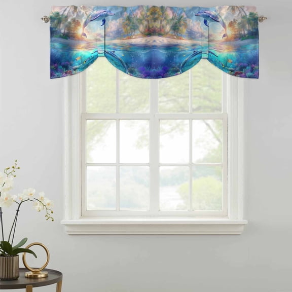Dolphins Tie Up Valances Curtain, Ocean World Summer Adjustable Valance for Window Light Filtering for Kitchen and Bathroom Rod Pocket 1 Panel 54x18in