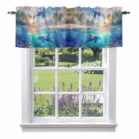 Dolphins Valance Curtain Ocean World Summer Window Valances Rod Pocket Short Curtains Window Treatments for Kitchen Bedroom Bathroom Laundry 54" x 18"
