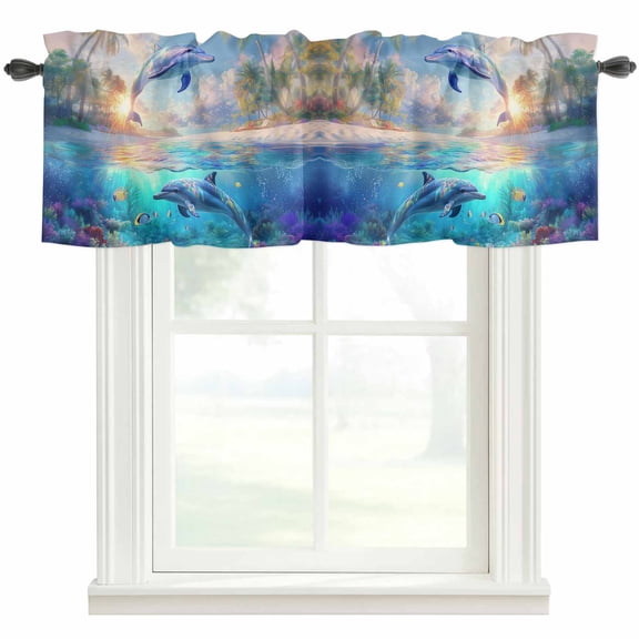 Dolphins Valances for Windows Ocean World Summer Rod Pocket Curtain Valance Window Treatment Short Curtains for Kitchen Living Room, 54"x18"