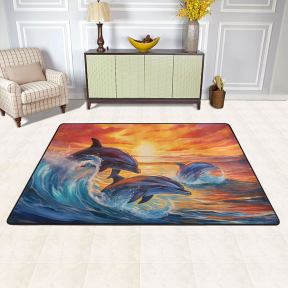 Dolphins Waves Sunlight Sea Area Rug Washable 72 x 48 Floor Carpet Mat Non Slip for Bedroom Living Room Kids Room Home Decor