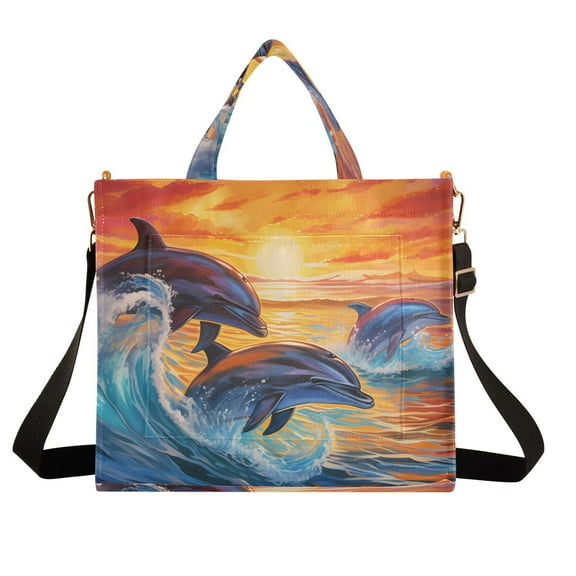 Dolphins Waves Sunlight Sea Corduroy Tote Bag Handbag Large Messenger Bag Shoulder Crossbody Zipper Bag Purse
