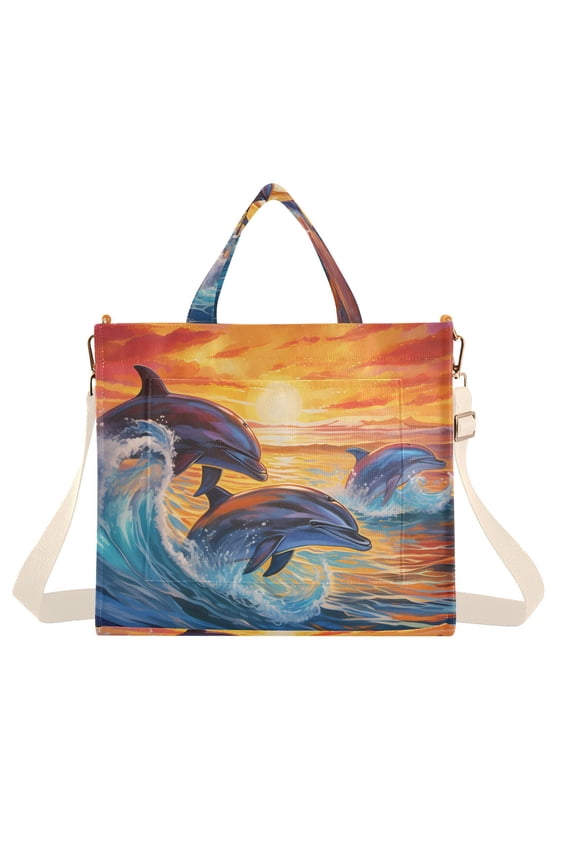 Dolphins Waves Sunlight Sea Corduroy Tote Bag Handbag Large Messenger Bag Shoulder Crossbody Zipper Bag Purse
