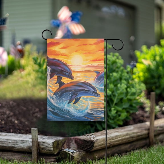 Dolphins Waves Sunlight Sea Garden Flag Double Sided Outdoor Banners for Courtyard Outdoor Lawn Farmhouse Holiday Decorations