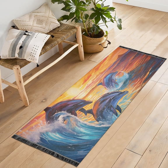 Dolphins Waves Sunlight Sea Runner Rug Machine Washable Area Rugs Carpet Non Slip Entryway Mat for Bedroom Entryway Front Door