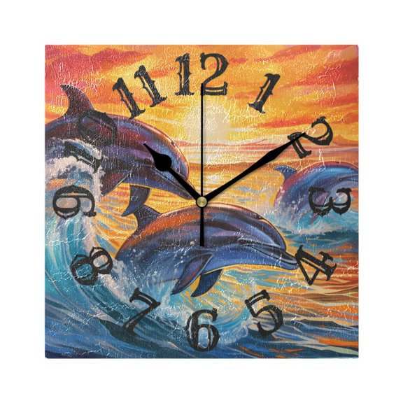 Dolphins Waves Sunlight Sea Wall Clock Square Silent Non Ticking Battery Operated Clock for Home Bathroom Kitchen Bedroom Living Room
