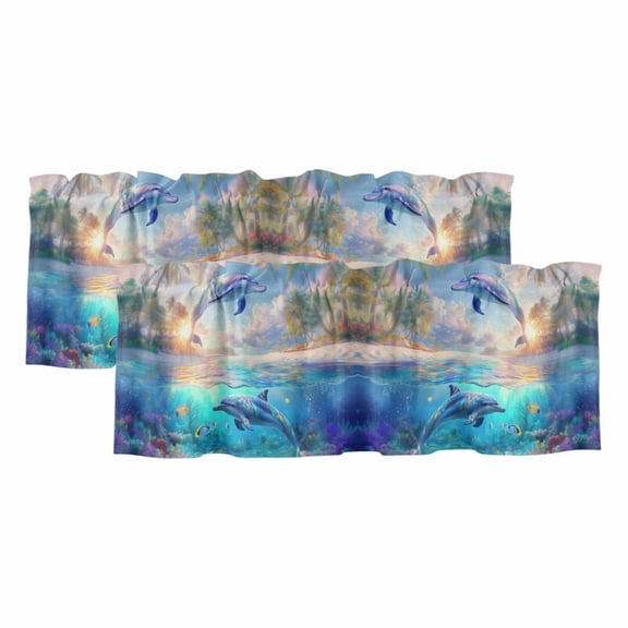 Dolphins Window Valance, Ocean World Summer 2 Pack Decorative Curtain for Small Windows, Light Filtering Valance with 3” Rod Pocket, 42"W x 12"L