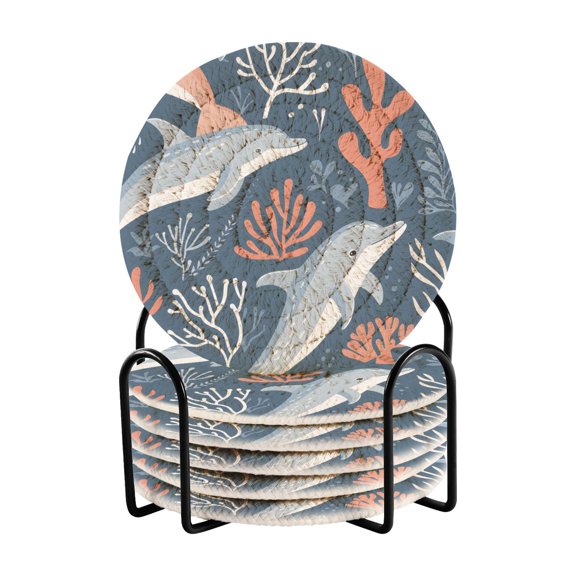 Dolphins and Corals Drinking Coasters Cup Mat with Holder for Kitchen Cafe Bar 6 Packs