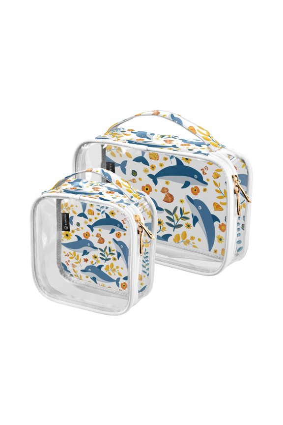 Dolphins and Flowers Clear Cosmetic Bags with Handles PVC Toiletry Bags Zipper Waterproof Portable for Traveling 2 Pcs