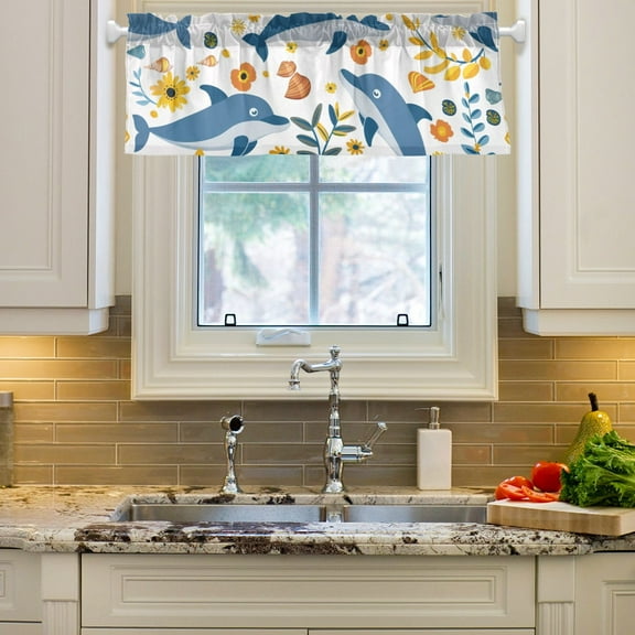 Dolphins and Flowers Curtain Valances Farmhouse Design Window Treatment Decor Blackout Rod Pocket for Windows Living Room Kitchen 54" x 18"
