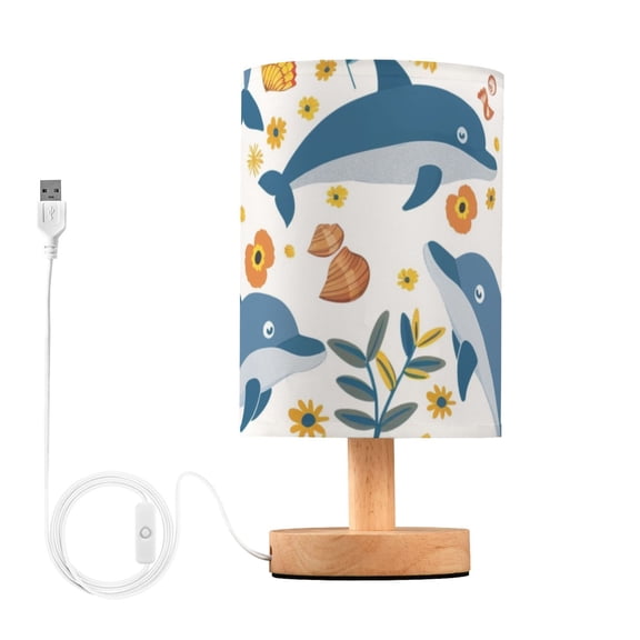 Dolphins and Flowers Table Lamp USB Bedside Desk Nightstand Lamp Printed Gifts Small Lamp Wood Base for Bedroom Living Room Kids Room College Dorm