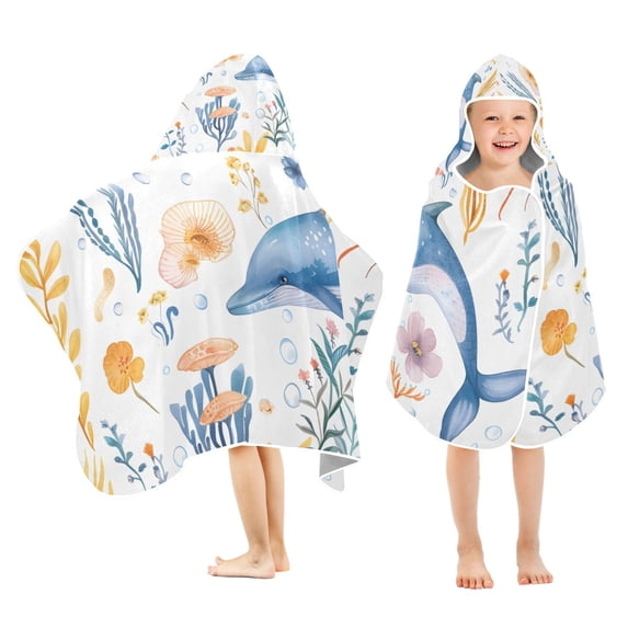 Dolphins and Flowers Toddler Hooded Beach Towel 24" x 50" Kids Bath Towels Soft Quick Dry for Swim Pool Boys Girls