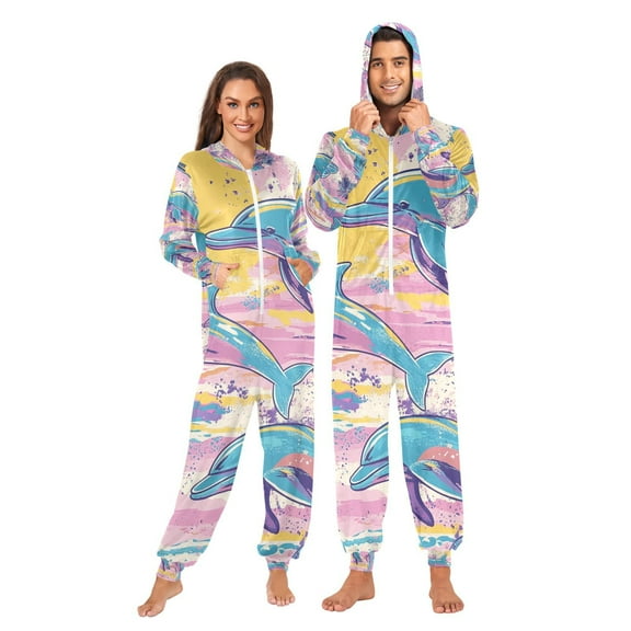 Dolphins and Palm Trees Adult Onesie Pajamas Slim Fit Christmas One Piece Suit Pjs for Women and Men Hooded Zipper