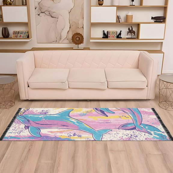 Dolphins and Palm Trees Runner Rug Non-Slip Area Rugs Linen Washable Non Shedding for Kitchen Bedroom Carpet