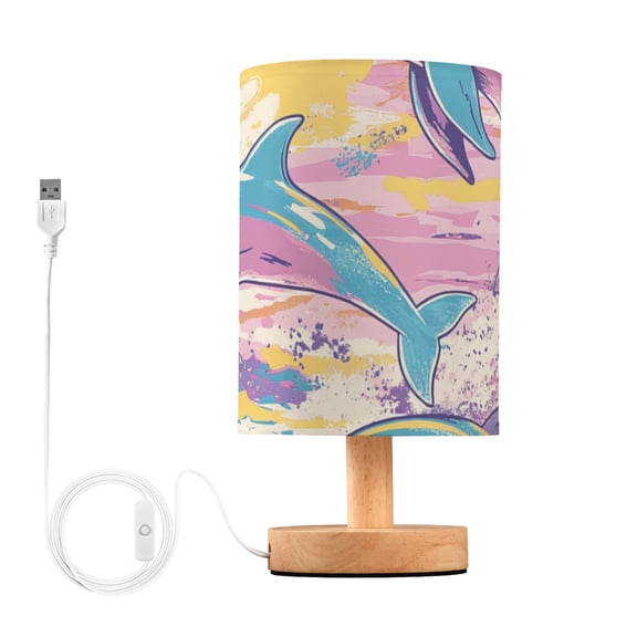 Dolphins and Palm Trees Table Lamp for Desk Nightstand Lamp with USB Modern Gifts for Bedroom Living Room Kids Room