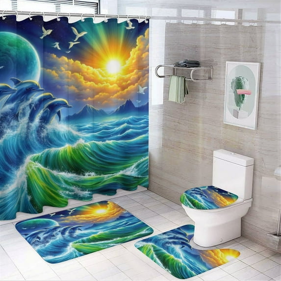 Dolphins at Sunset Ocean Wave Shower Curtain Waterproof Bathroom Curtain Set with Hooks Home Decor Bathroom Curtains 4pcs