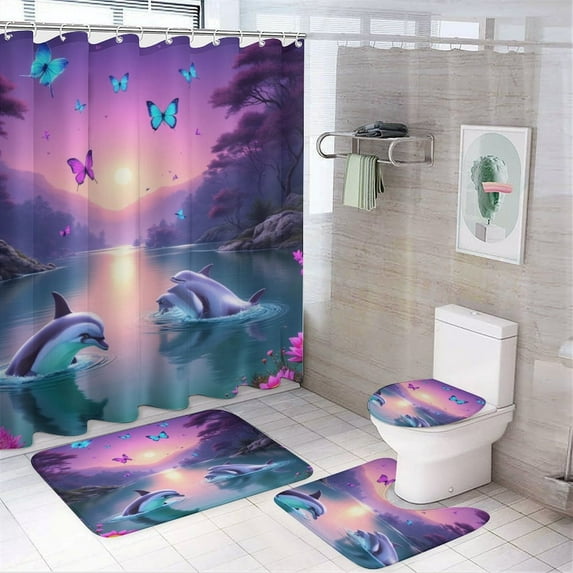 Dolphins in Fantasy Lake Shower Curtain Waterproof Bathroom Curtain Set with Hooks Home Decor Bathroom Curtains 4pcs