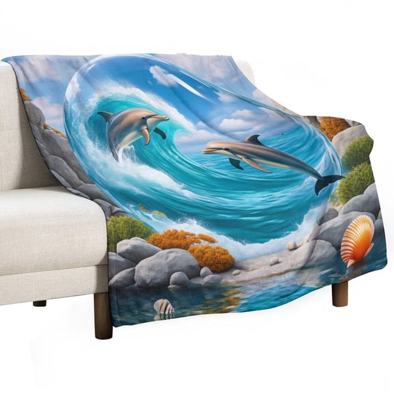 Dolphins in Ocean Bubble Scene-1 Flannel Blanket Blanket for Couch Sofa Lightweight Bed, Super Soft Cozy Print Warm Blanket
