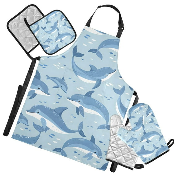 Dolphins in Sea 5 Pcs Kitchen Set Heat Resistant Oven Mitts and Non-Slip Pot Holders with Adjustable Cooking Apron