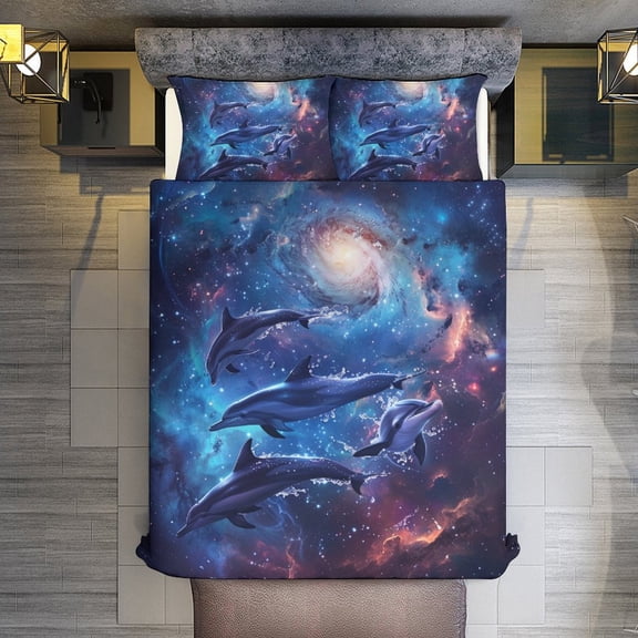 Dolphins in Space Quilt Cover Set Fashionable Printed Bedding Covers with Pillowcase Home Textiles, Queen (90"x90")