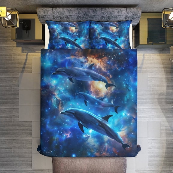 Dolphins in Space Quilt Cover Set Fashionable Printed Bedding Covers with Pillowcase Home Textiles, Queen (90"x90")