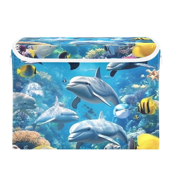 Dolphins in The Sea Large Storage Bins with Linen Collapsible Lid Storage Box 16.7 x 12.6 x 11.8in