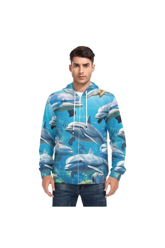 Dolphins in The Sea Men’s Hoodies Sweatshirt with Full Zip Pockets Fleece Jackets