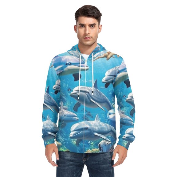 Dolphins in The Sea Men’s Hoodies Sweatshirt with Full Zip Pockets Fleece Jackets