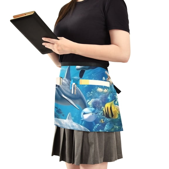 Dolphins in The Sea Server Apron with 3 Pockets Waist Apron for Waiter Waitress