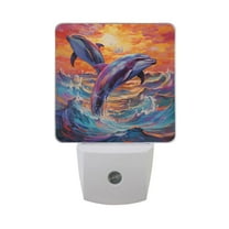 Dolphins on Sea Night Light LED Dusk to Dawn Auto Sensor Night Lamp Plug-in Nightlight for Bedroom Hallway Kitchen 2 PCs