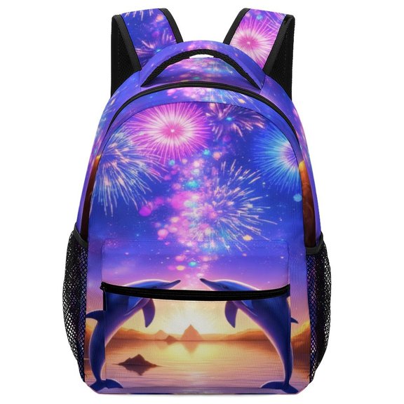 Dolphins with Fireworks at Sunset Backpack for Teenage Business Daypack College Canvas Bags Durable