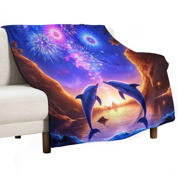 Dolphins with Fireworks at Sunset Throws Blankets for Sofa Bed Winter Plush Warm Blanket Holiday Gifts