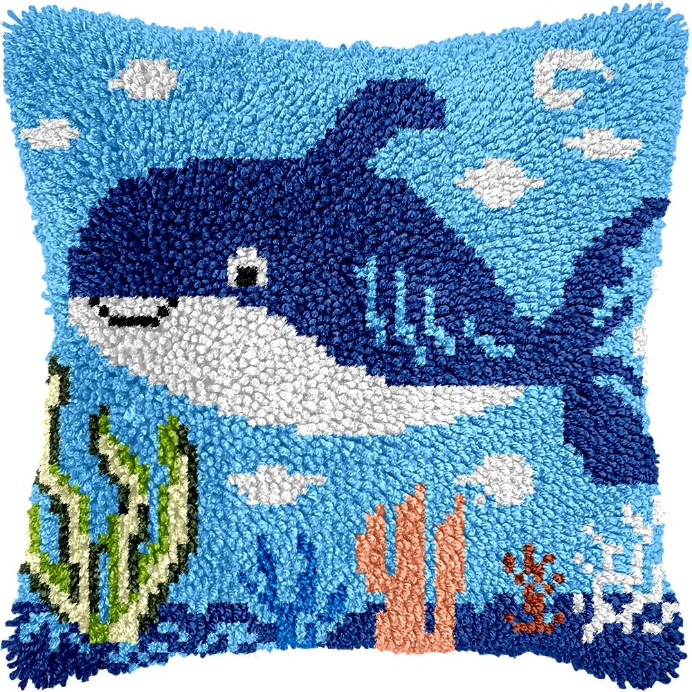 Dolpin in Sea Latch Hook Pillow Kits for DIY Throw Pillow Cushion Embroidery Latch Hooking Pillowcase Kits with Preprinted Canvas Crochet Yarn Kits for Home Decor 17''X 17''(d283)