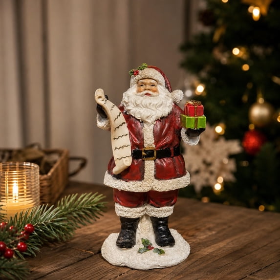 Dolstice Christmas Santa Claus Figurines, Standing Santa Claus Figure with Wish List Scroll and Gift Boxes, Gifts for Winter Home Table Xmas Party