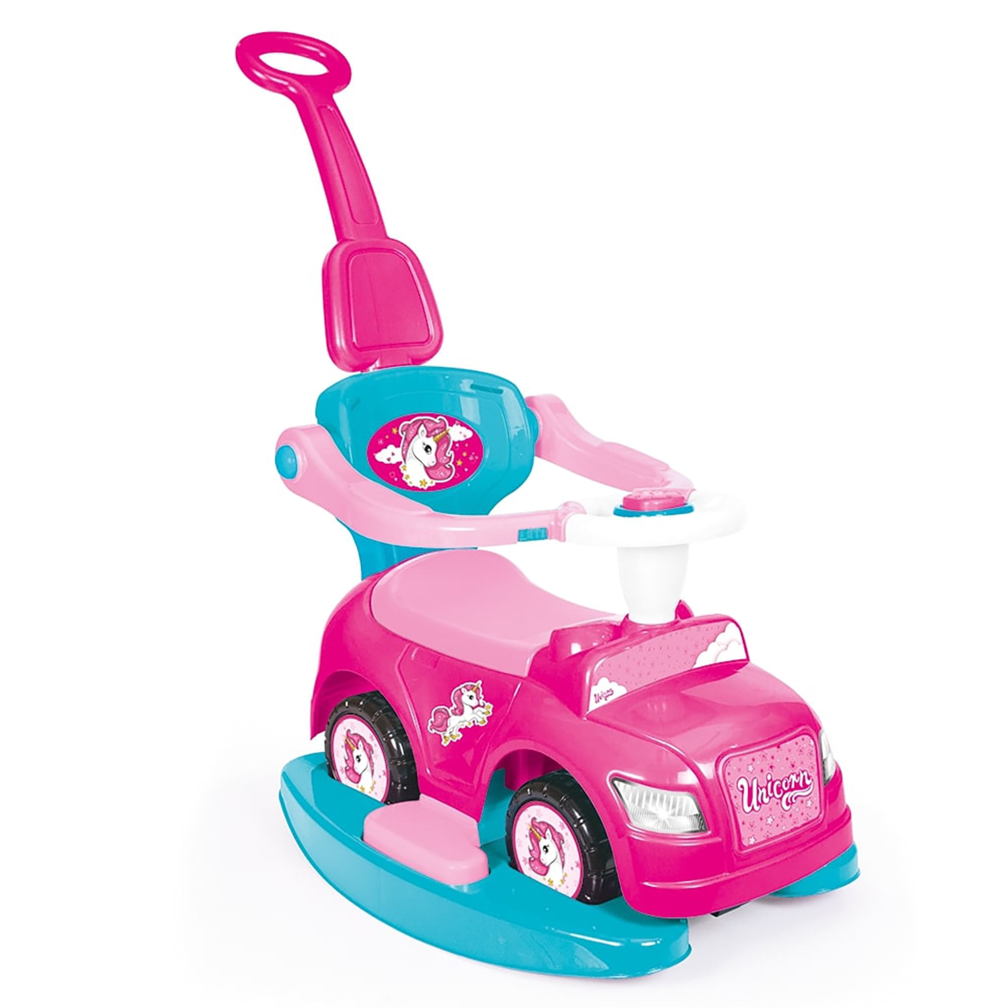 Pink Unicorn 4-in-1 Ride On Car with Parent Handle