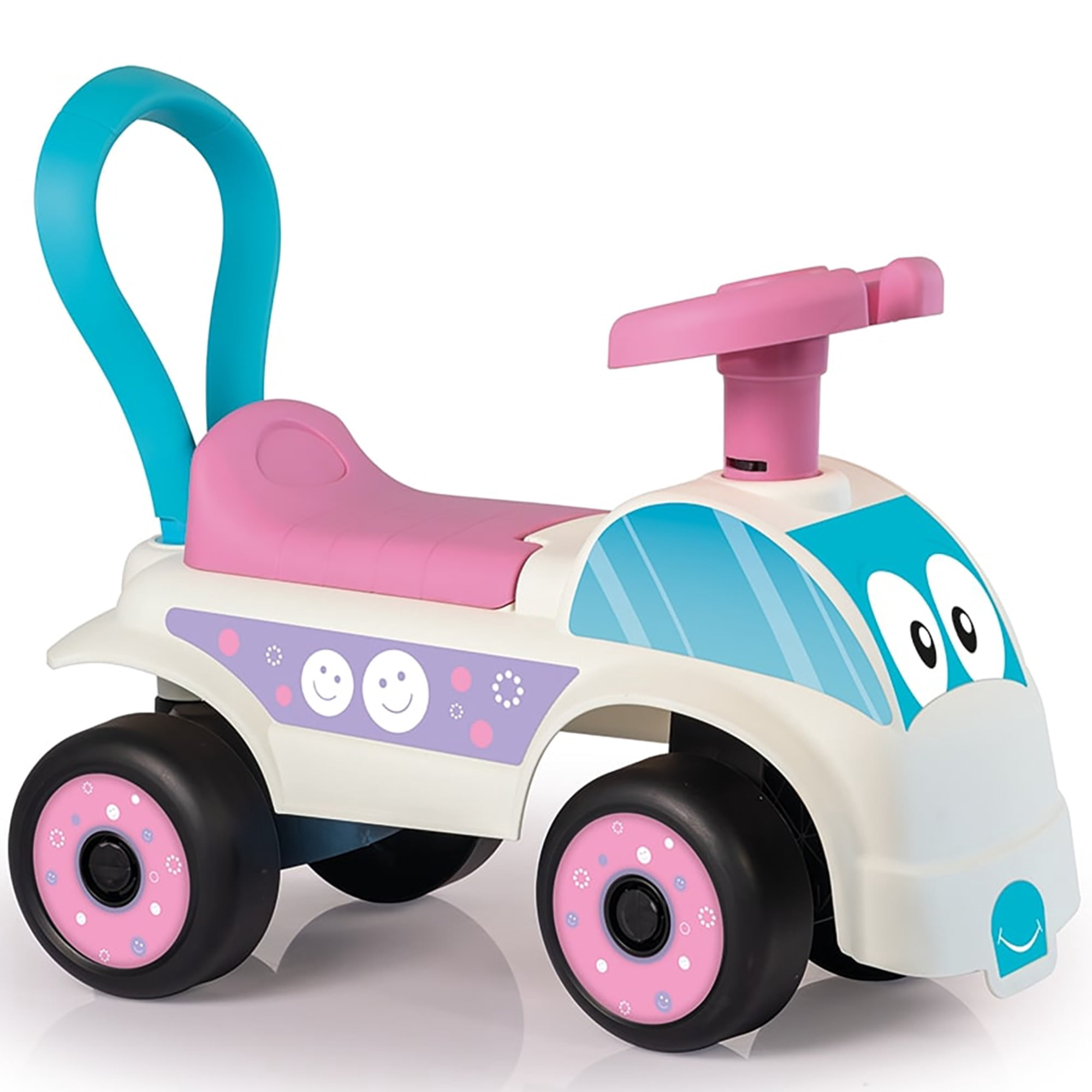 Dolu: Walk & Drive Foot to Floor Car - White & Pink - Ride-On Toy Vehicle, Horn, Storage Seat, Push-Pull Handle, Indoor-Outdoor Play, Toddlers 12mo+