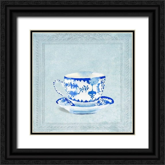 Dolzhenko, Anna 26x26 Black Ornate Wood Framed with Double Matting Museum Art Print Titled - Watercolored Blue and White Tea Cup
